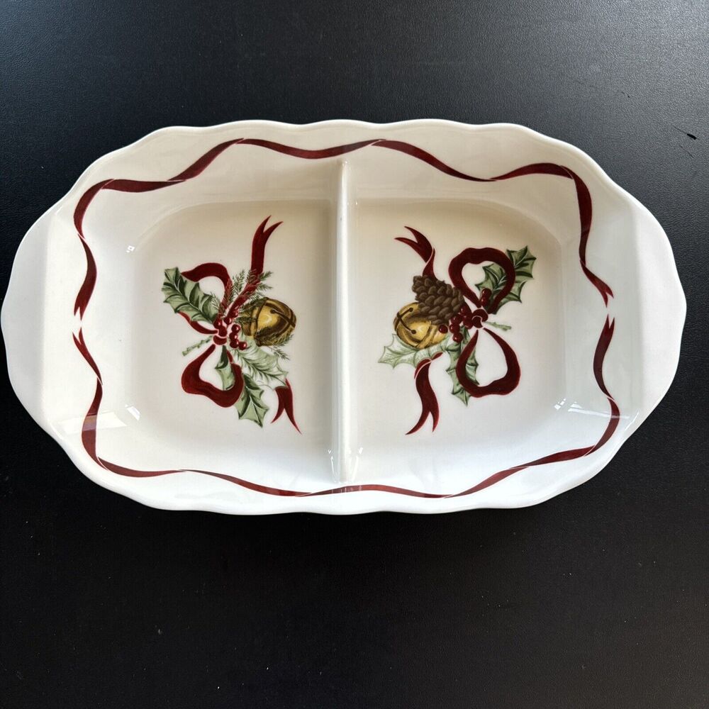 Divided Oval Vegetable tray serving dish bowl Holly Bells Noble Excellence 11"